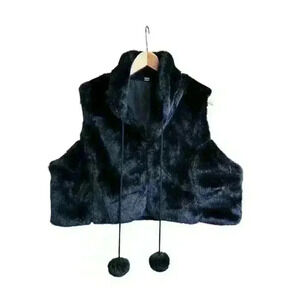 FAUX FUR BLACK VEST WITH POM POM TASSELS HOOK CLOSURE STAND UP COLLAR SIZE L